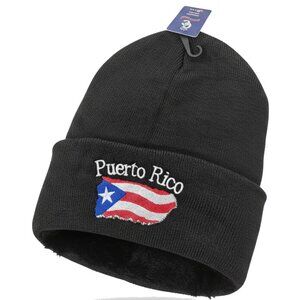 Puerto Rico Embroidered Skull Cap Beanie Winter Hat, Warm Lined, Black, NWT